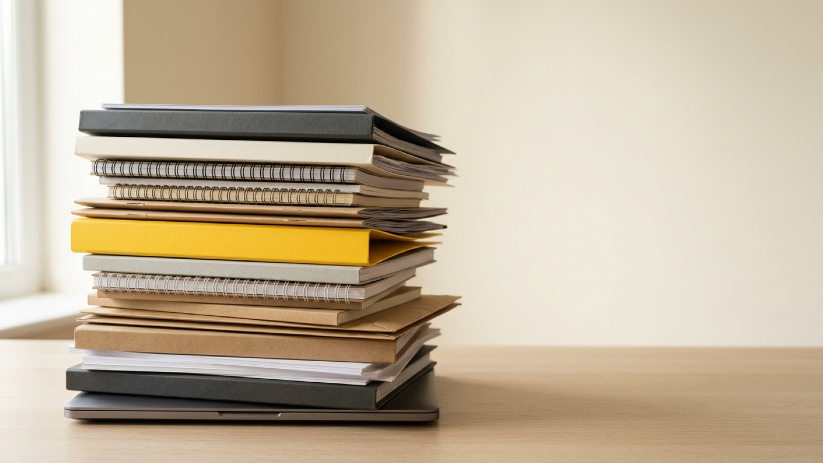 A tall, leaning stack of matte folders, notebooks and envelopes piled on a closed laptop at the left of a desk, one yellow folder buried in the middle, against an empty warm cream wall in soft window light.