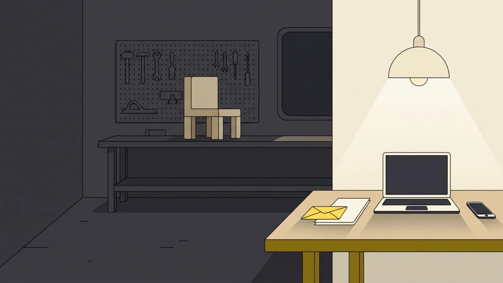 Flat illustration of a workshop at night: on the right, a desk under a pendant lamp with an open laptop, a phone and a yellow envelope on a stack of forms; on the left, in shadow, a workbench with tools hung on a pegboard and a half-built wooden chair.