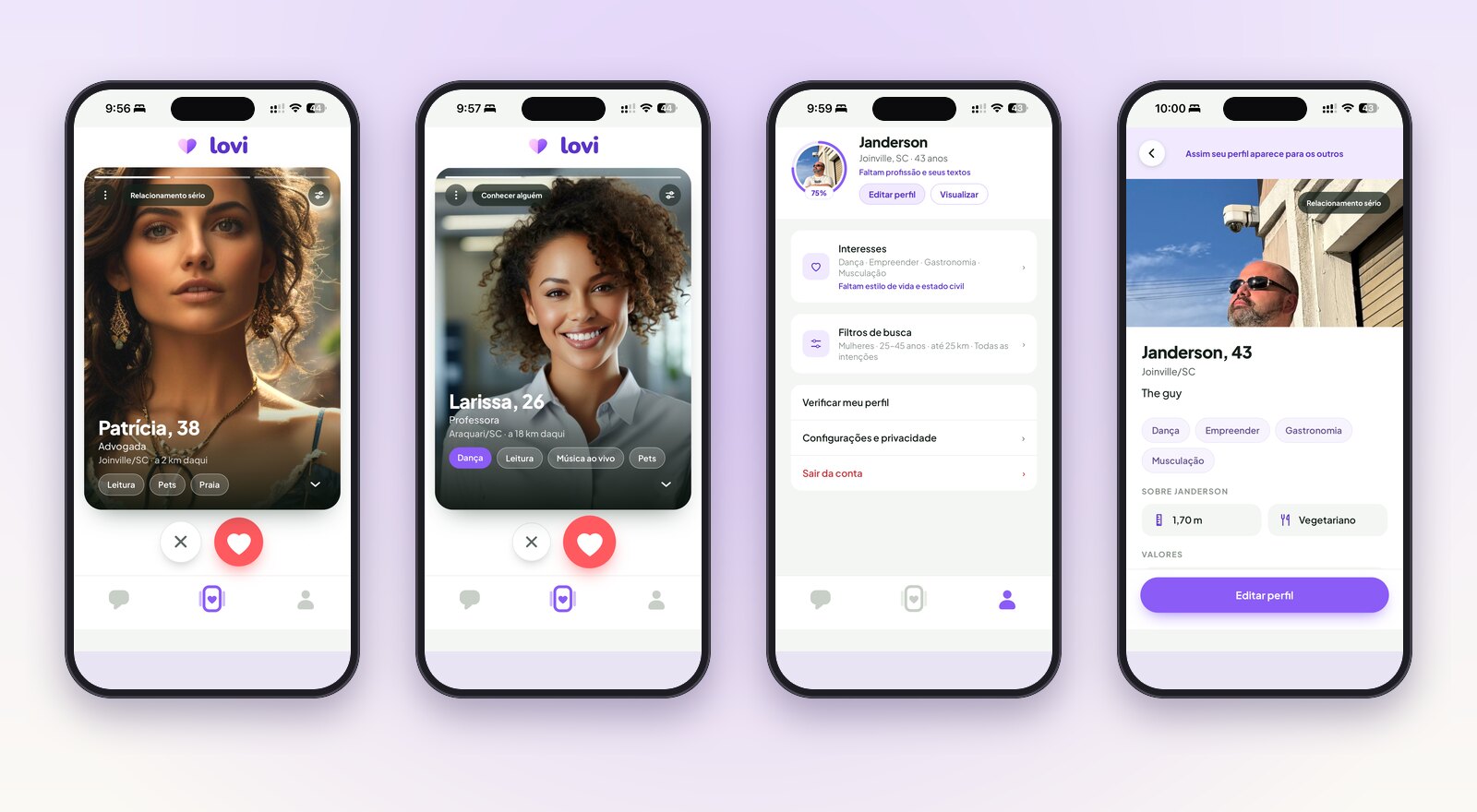 Four screens inside the app: two profile cards to like or pass, the user’s own profile, and the preview of how others see it