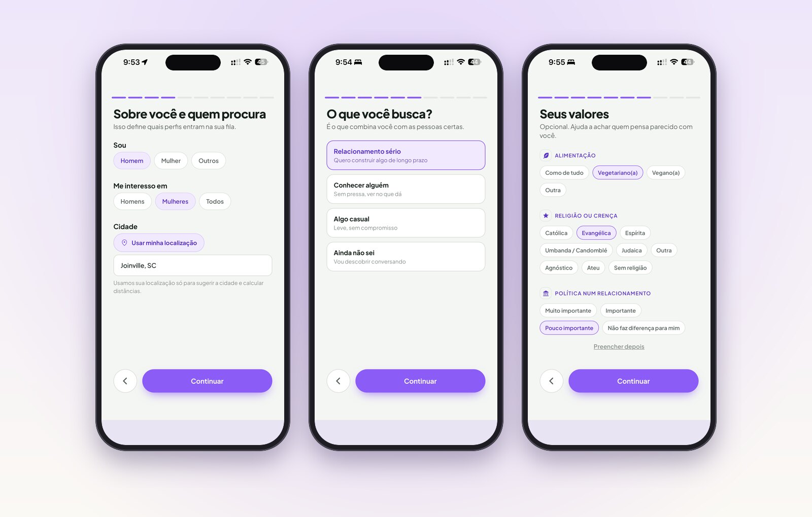Three signup screens in phones: about you and who you are looking for, what you are looking for, and your values
