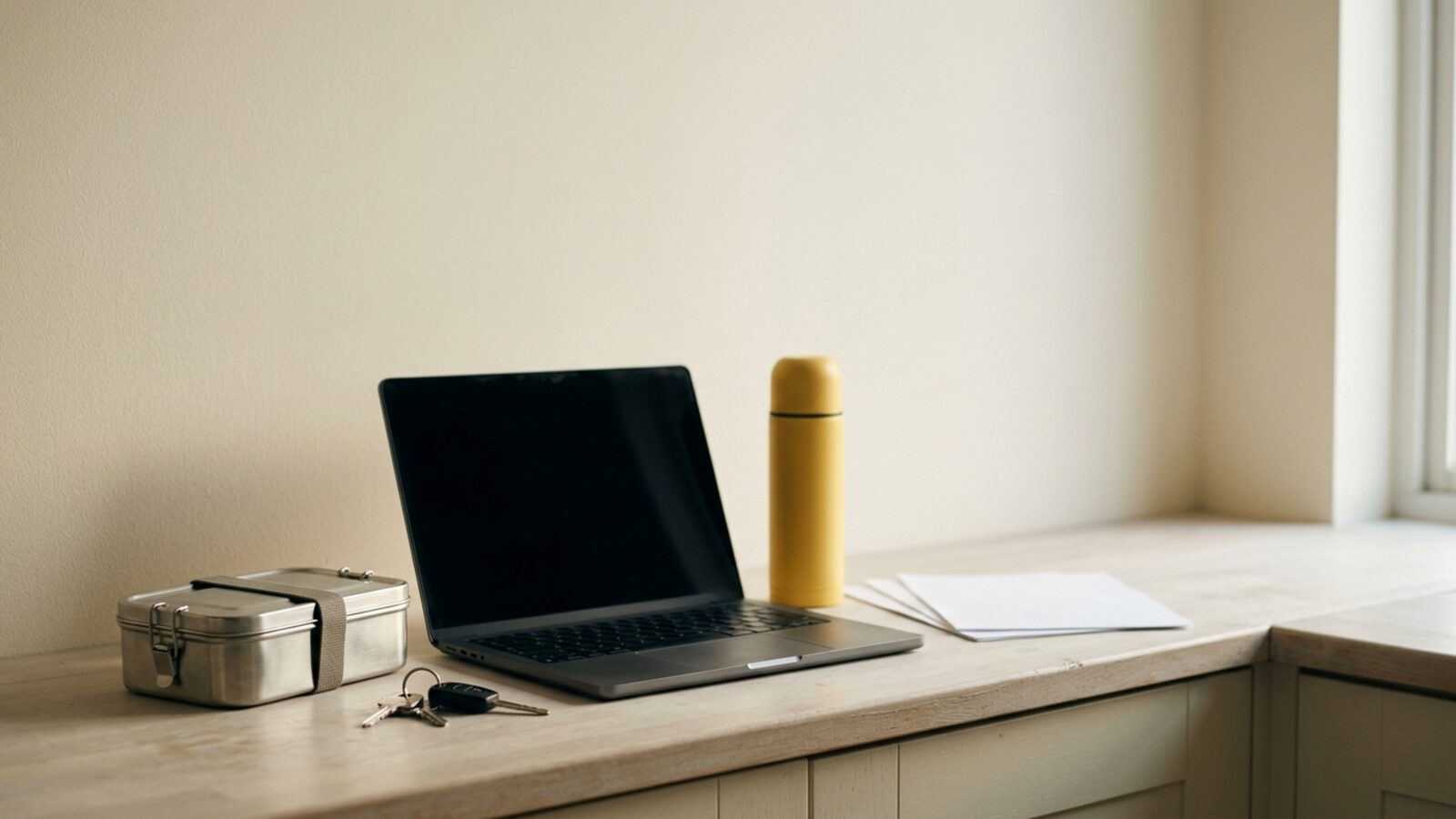 A kitchen counter in early morning light with a laptop open and its screen dark, a yellow thermos beside it, a steel lunch box, car keys and a few blank sheets of paper, against an empty cream wall.