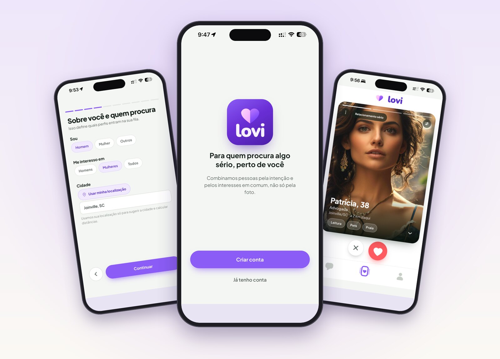 The app’s first screen in a phone, with the lovi logo and the line “for whoever is looking for something serious, close to you”, between a signup screen and a profile card
