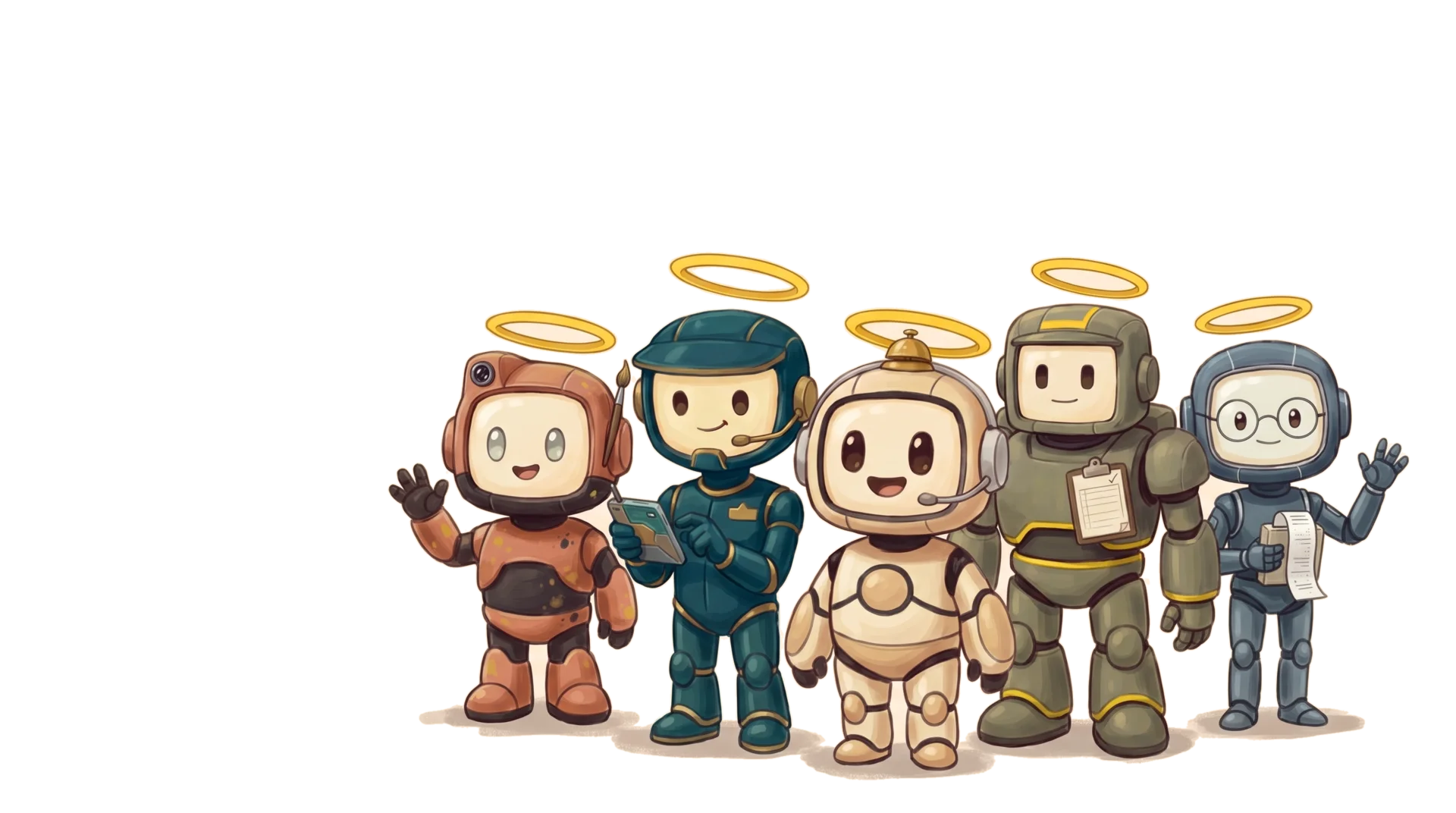 The five Holy Agents, Holy, Holy Sales, Holy Ops, Holy Mark and Holy Fin, small robots with yellow halos waving hello among the work they handle: kanban cards, a sales funnel, chats, a phone, e-mail, social posts, a calendar and a proposal.