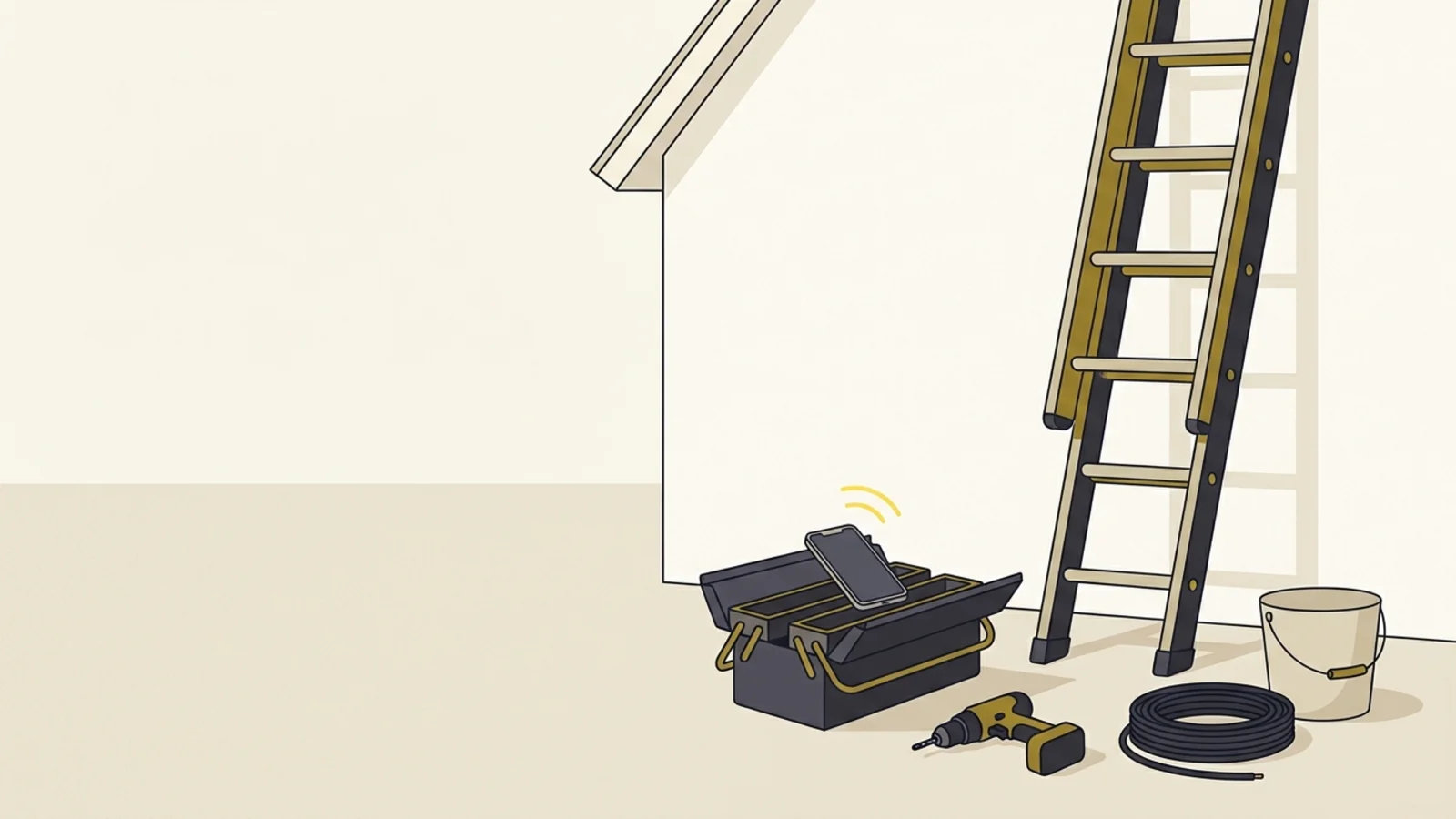 Flat illustration of a job site: a ladder leans against the side wall of a house, an open toolbox sits on the ground with a phone on its lid and three yellow vibration lines above it, a drill, a coiled cable and a bucket nearby, and the left of the frame is empty wall and sky.
