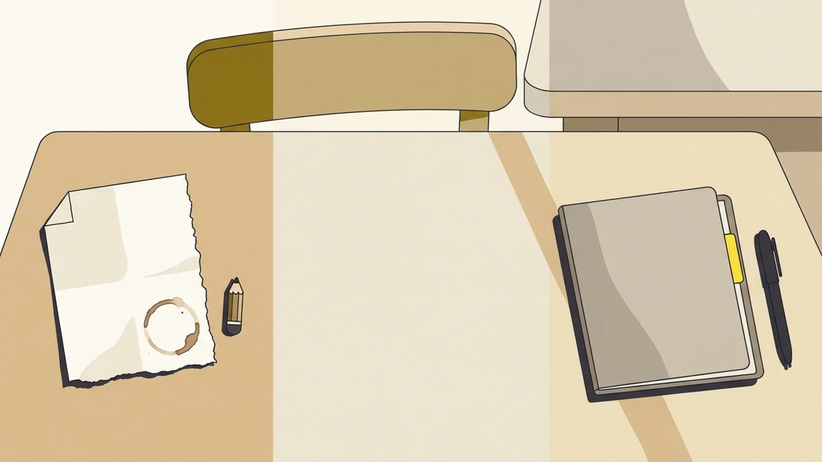 Ilustração plana de uma mesa de cozinha vista de cima: à esquerda, um pedaço de papel rasgado e amassado com uma marca de café e um toco de lápis; à direita, uma pasta cinza limpa com uma aba amarela e uma caneta alinhada ao lado; o encosto de uma cadeira na borda mais distante da mesa.